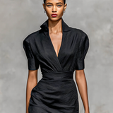 Vestido Midi Mujer Monocromático con Cuello en V y Mangas Cortas