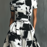 Vestido Maxi de Manga Corta con Estampado Abstracto