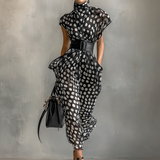 Vestido Maxi de Chiffon con Estampado de Lunares y Cuello Alto