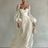 Vestido Maxi de Chifón para Mujer con Escote Cuadrado y Mangas Largas