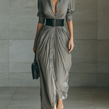 Vestido Maxi con Cuello de Solapa y Mangas Largas