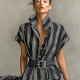 Vestido Maxy Chiffon Impreso a Rayas con Cuello y Mangas Cortas para Mujer con Cintura