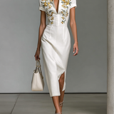 Vestido Midi Mujer Bordado con Escote en V y Mangas Cortas