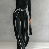 Conjunto de dos piezas para mujer con top de cuello alto de manga larga, pantalones de pierna ancha y cinturón