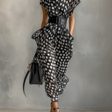 Vestido Maxi de Chiffon con Estampado de Lunares y Cuello Alto