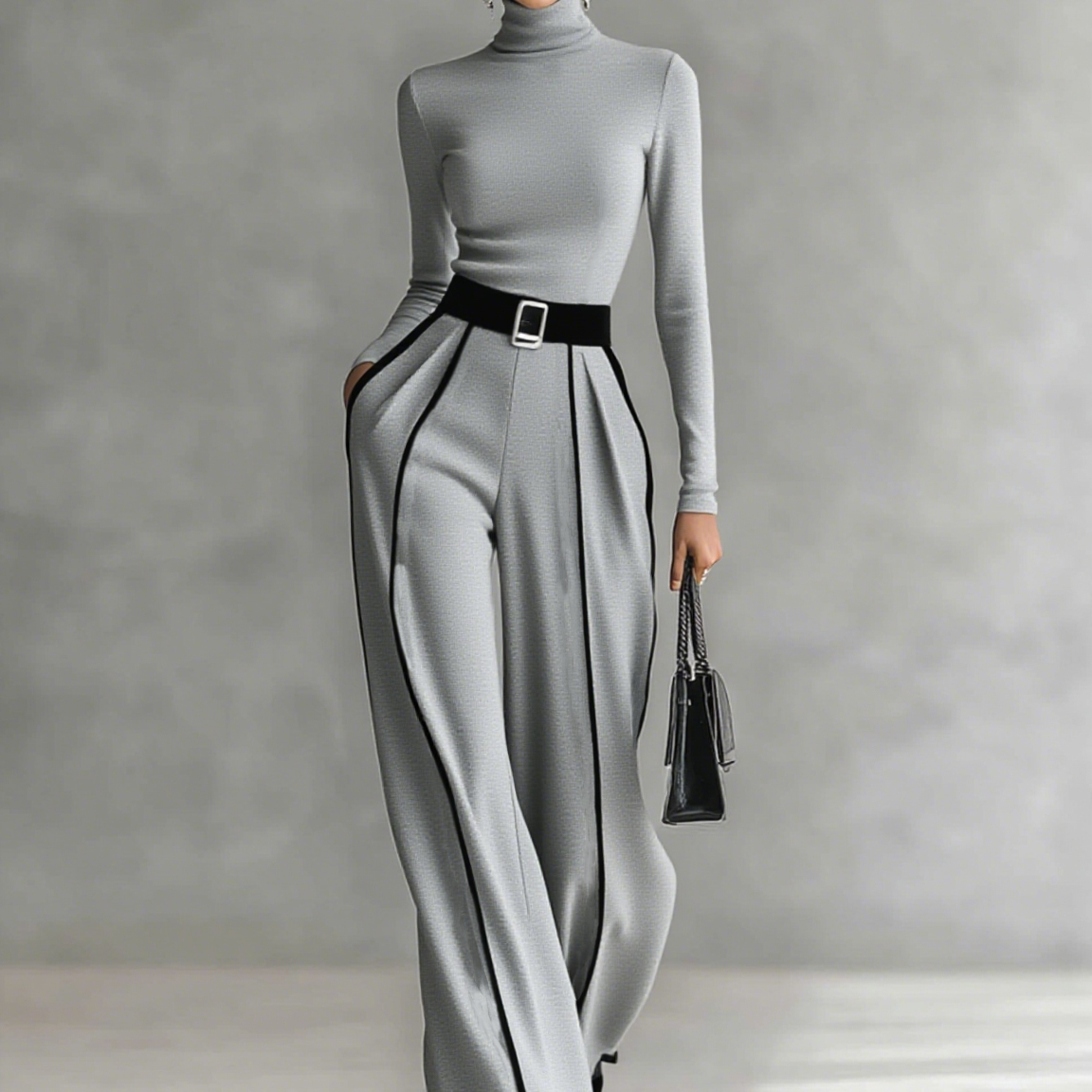 Conjunto de dos piezas para mujer con top de cuello alto de manga larga, pantalones de pierna ancha y cinturón