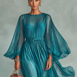 Vestido Maxi de Chiffon con Cuello Redondo y Mangas Largas para Mujer, con Cintura Ajustable