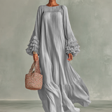 Vestido Maxi de Chiffon Plisado para Mujer con Mangas Largas y Volantes