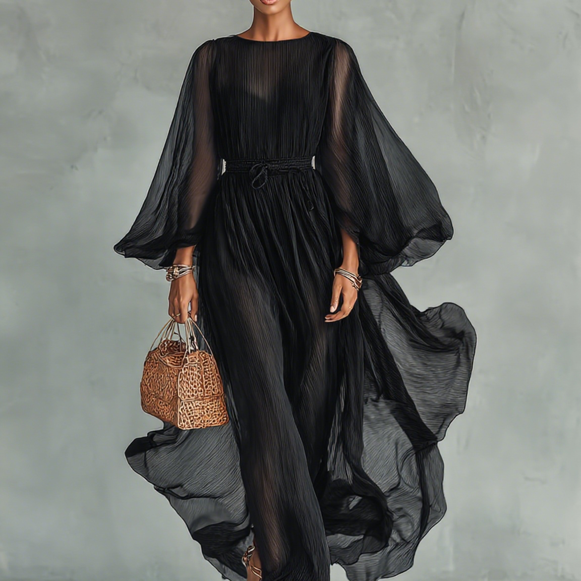 Vestido Maxi de Chiffon con Cuello Redondo y Mangas Largas para Mujer, con Cintura Ajustable