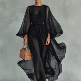 Vestido Maxi de Chiffon con Cuello Redondo y Mangas Largas para Mujer, con Cintura Ajustable
