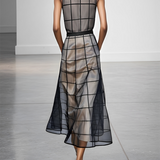 Vestido Maxi Sin Mangas de Tul a Cuadros con Cuello y Cintura