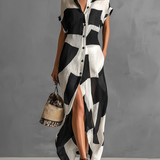 Vestido Camisa Maxi en Chiffon para Mujer con Estampado Geométrico Irregular y Cuello de Solapa, Mangas Cortas, Botón Único