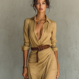 Vestido Maxi Largo con Cuello de Solapa y Cintura Incluida