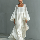 Vestido Maxy Plisado con Mangas de Linterna y Cuello de Solapa