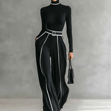 Conjunto de dos piezas para mujer con top de cuello alto de manga larga, pantalones de pierna ancha y cinturón