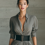 Vestido Maxi con Cuello de Solapa y Mangas Largas