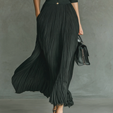 Vestido Maxi Largo de Manga Larga con Cuello de Solapa y Pliegues
