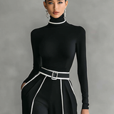 Conjunto de dos piezas para mujer con top de cuello alto de manga larga, pantalones de pierna ancha y cinturón
