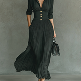 Vestido Maxi Largo de Manga Larga con Cuello de Solapa y Pliegues