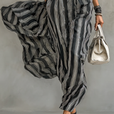 Vestido Maxy Chiffon Impreso a Rayas con Cuello y Mangas Cortas para Mujer con Cintura