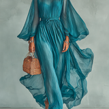 Vestido Maxi de Chiffon con Cuello Redondo y Mangas Largas para Mujer, con Cintura Ajustable