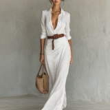 Vestido Maxi Largo con Cuello de Solapa y Cintura Incluida