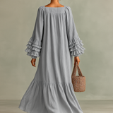 Vestido Maxi de Chiffon Plisado para Mujer con Mangas Largas y Volantes