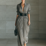 Vestido Maxi con Cuello de Solapa y Mangas Largas