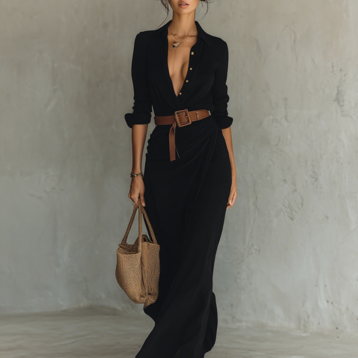 Vestido Maxi Largo con Cuello de Solapa y Cintura Incluida