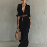 Vestido Maxi Largo con Cuello de Solapa y Cintura Incluida