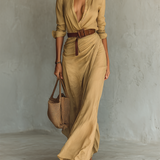 Vestido Maxi Largo con Cuello de Solapa y Cintura Incluida