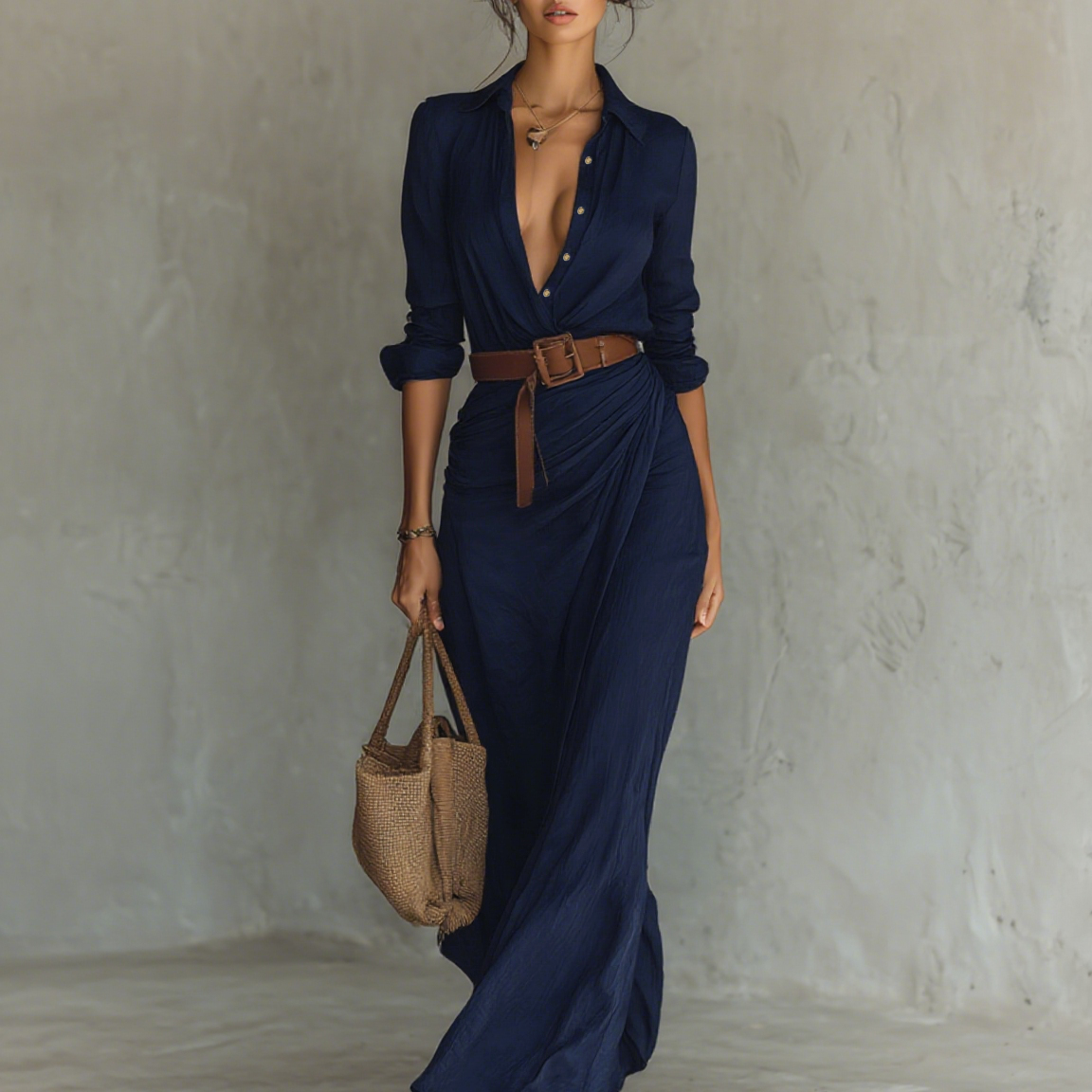 Vestido Maxi Largo con Cuello de Solapa y Cintura Incluida