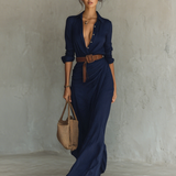 Vestido Maxi Largo con Cuello de Solapa y Cintura Incluida