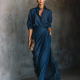 Conjunto de Falda Larga y Camisa Elegante en Algodón y Lino Azul Oscuro
