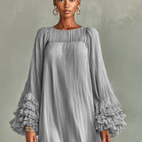 Vestido Maxi de Chiffon Plisado para Mujer con Mangas Largas y Volantes