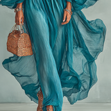 Vestido Maxi de Chiffon con Cuello Redondo y Mangas Largas para Mujer, con Cintura Ajustable