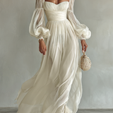 Vestido Maxi de Chifón para Mujer con Escote Cuadrado y Mangas Largas