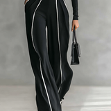 Conjunto de dos piezas para mujer con top de cuello alto de manga larga, pantalones de pierna ancha y cinturón