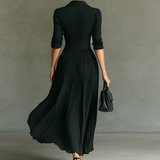 Vestido Maxi Largo de Manga Larga con Cuello de Solapa y Pliegues