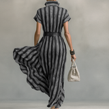 Vestido Maxy Chiffon Impreso a Rayas con Cuello y Mangas Cortas para Mujer con Cintura