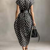 Vestido Maxi de Chiffon con Estampado de Lunares y Cuello Alto