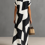 Vestido Camisa Maxi en Chiffon para Mujer con Estampado Geométrico Irregular y Cuello de Solapa, Mangas Cortas, Botón Único