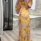 Helena | Vestido Maxi Plisado en Tonos de Puesta de Sol