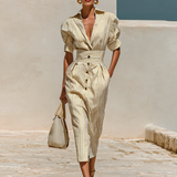 Vestido Midi a Rayas con Cuello y Mangas Cortas