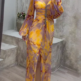 Helena | Vestido Maxi Plisado en Tonos de Puesta de Sol