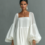 Vestido Maxy Plisado con Mangas de Linterna y Cuello de Solapa
