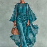 Vestido Maxi de Chiffon con Cuello Redondo y Mangas Largas para Mujer, con Cintura Ajustable