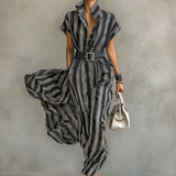 Vestido Maxy Chiffon Impreso a Rayas con Cuello y Mangas Cortas para Mujer con Cintura