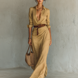 Vestido Maxi Largo con Cuello de Solapa y Cintura Incluida