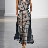 Vestido Maxi Sin Mangas de Tul a Cuadros con Cuello y Cintura